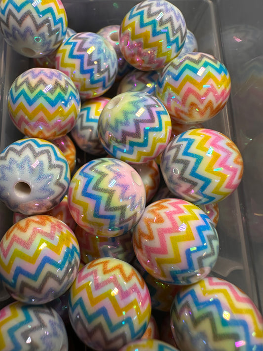 Pastel Multicolored zig zag stripes on white jelly beads/ Ten (10) acrylic multicolored round shaped beads included/ jewelry Bead/ beadable pen beads/ keychain bead/ DIY/ shiny unique 16mm beads UV coated/