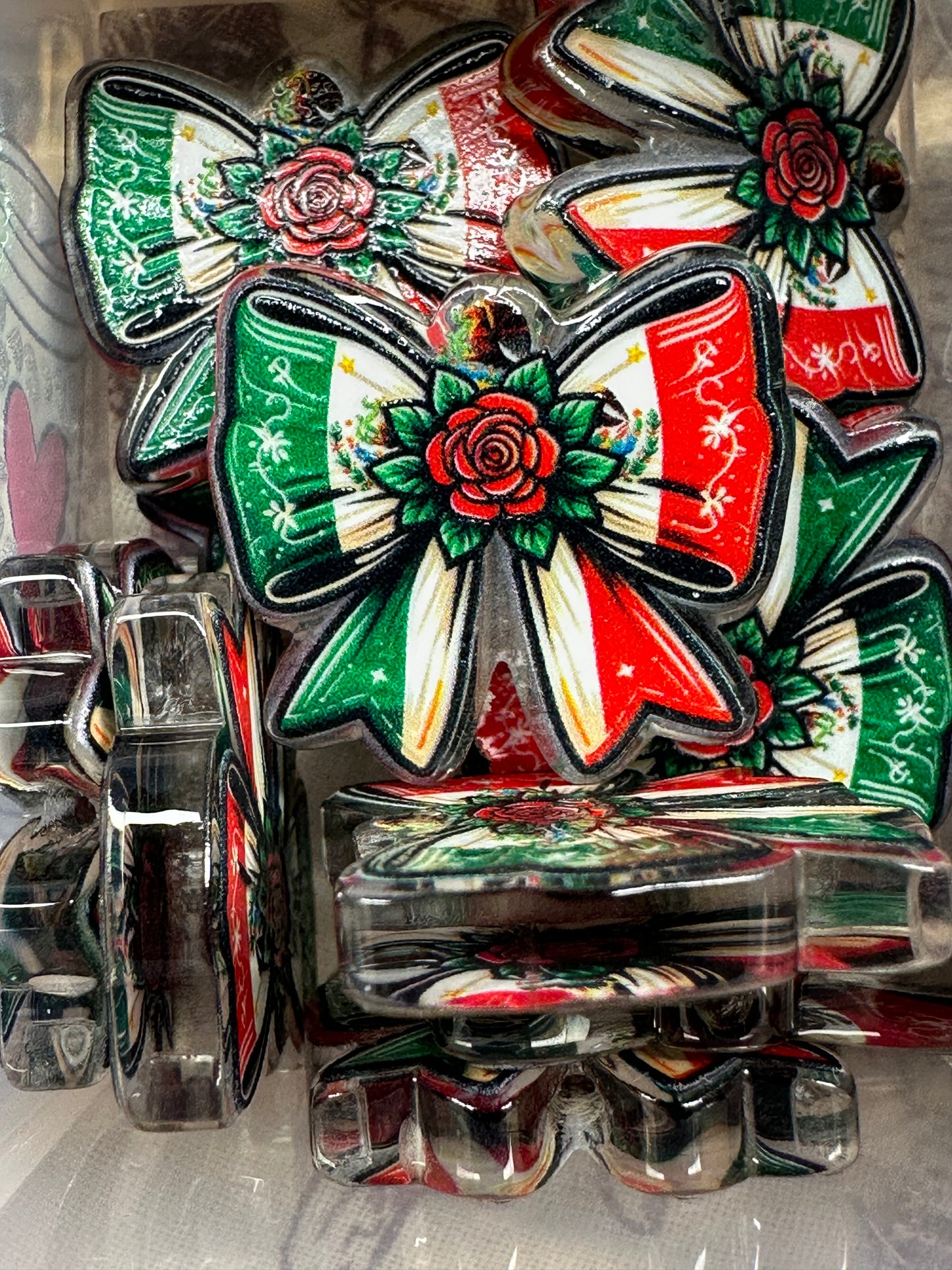 Red, green and cream bow acrylic focal bead- set of 2/ focal bead/ pen beading / keychain bead/ Italian bow
