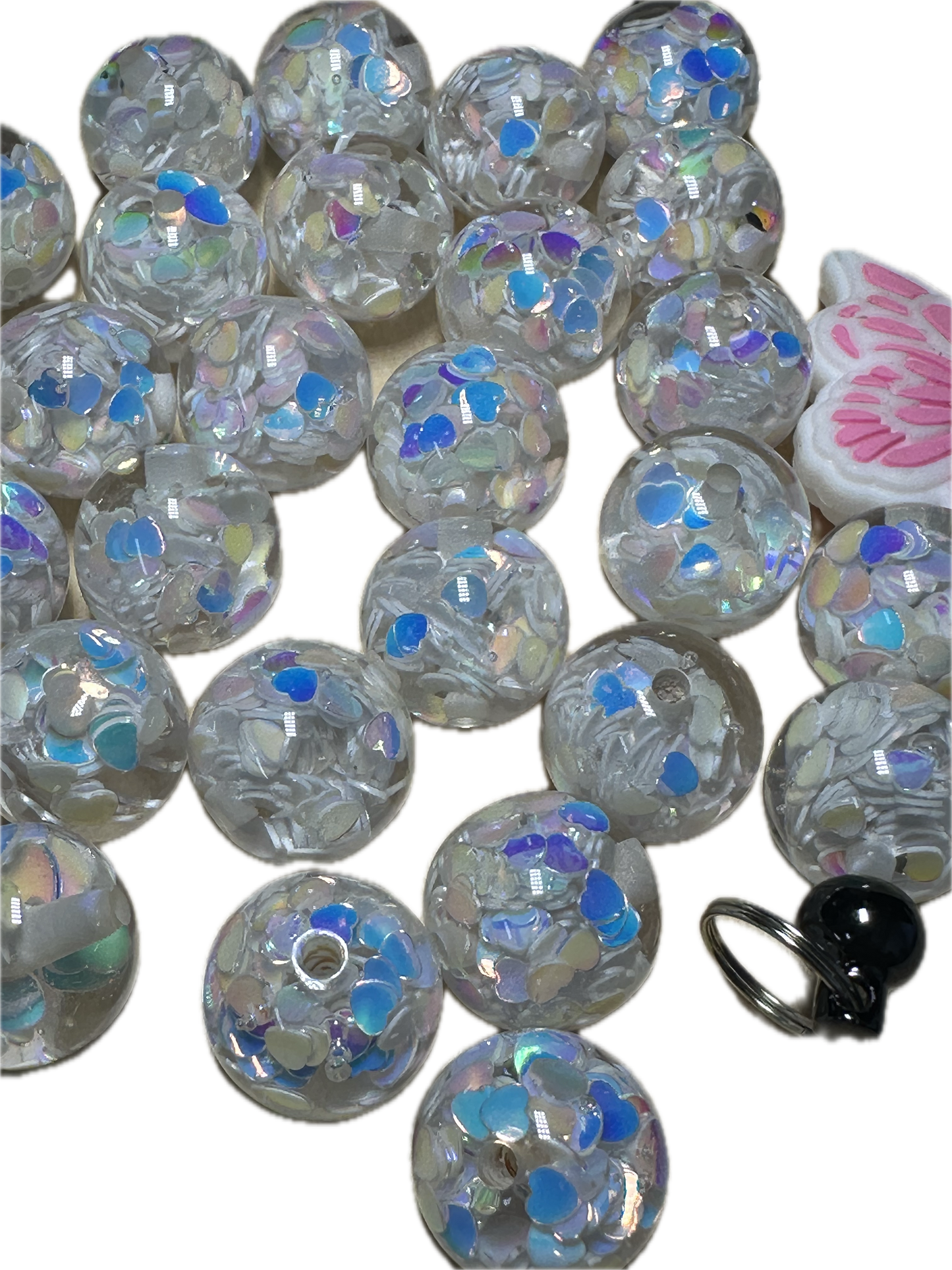 16mm resin beads with holographic hearts inside/ set of ten (10) 16mm beads/ infused beads/ pen beading beads/ beautiful / keychain beads/ DIY