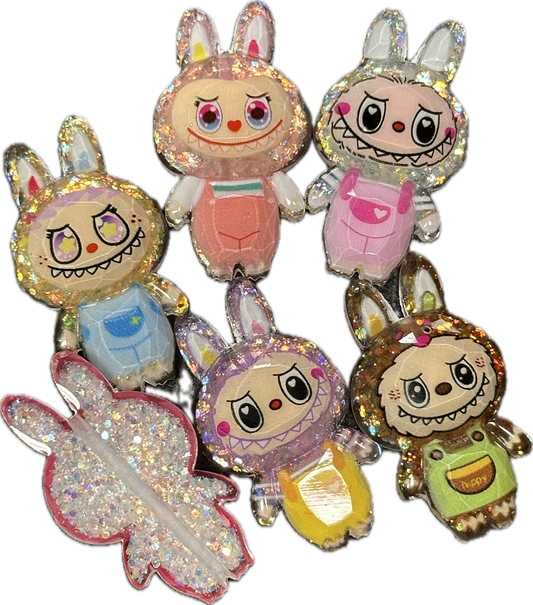 Glue On Glitter Labubu Charms – Flat Back Embellishments for DIY Crafts- Set of 5 different designs