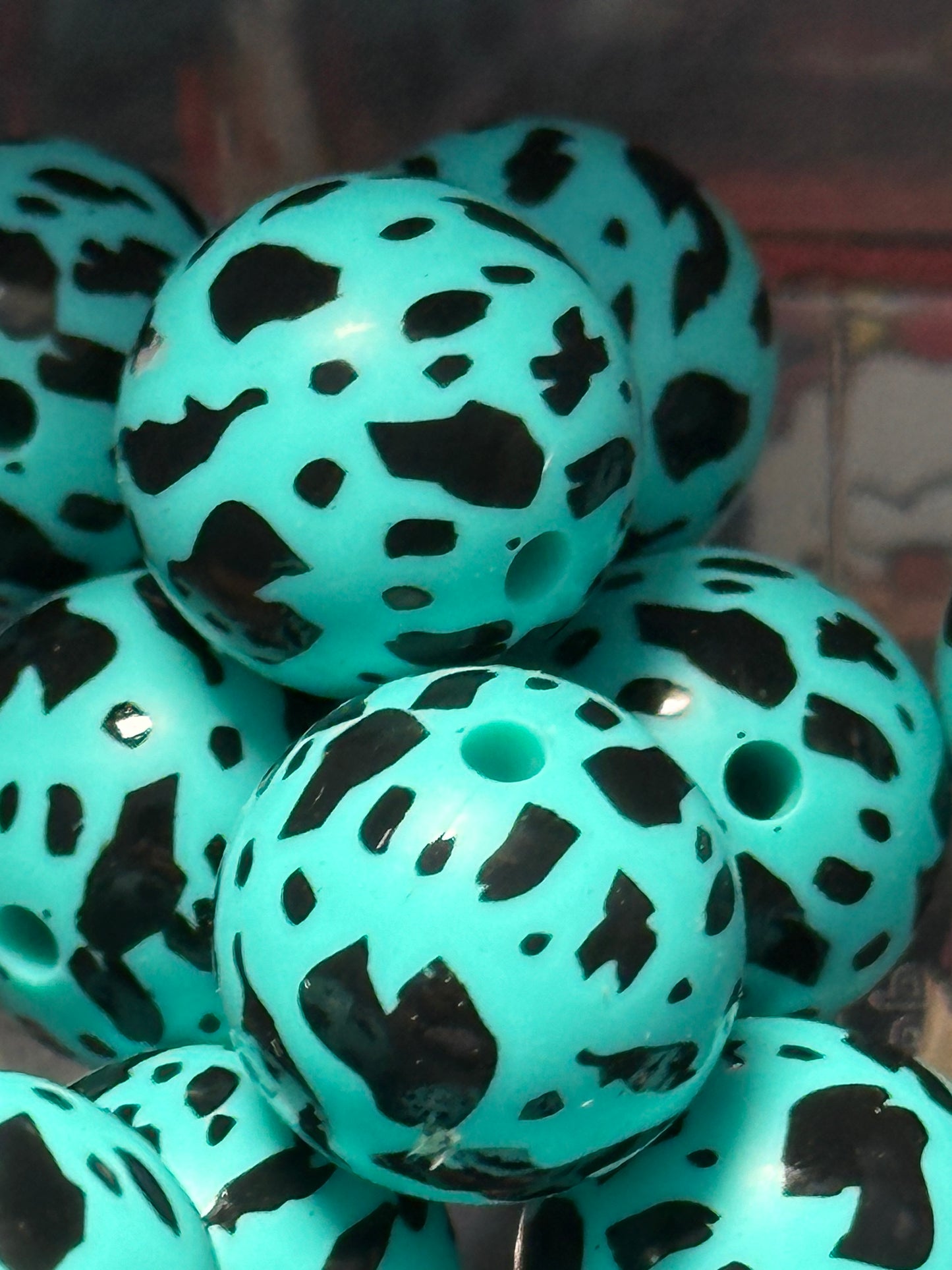 Teal color cow print beads /15 mm round shaped/beadable pen/ keychain bead/10 beads included/ silicone cow print