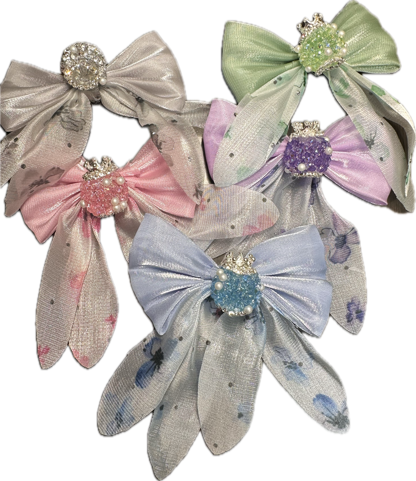Large fancy rhinestones crown beads with floral satin bow