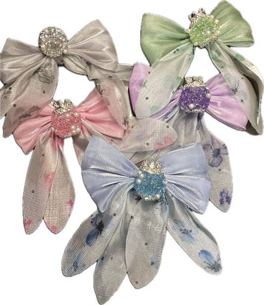 Large fancy rhinestones crown beads with floral satin bow