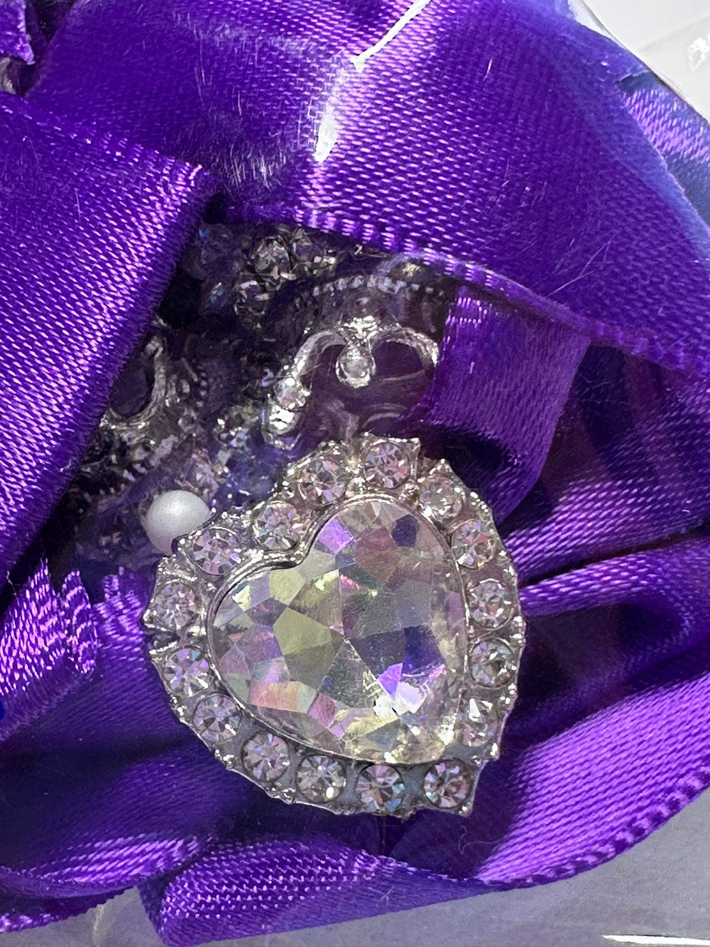 Large fancy rhinestones crown beads with satin bow