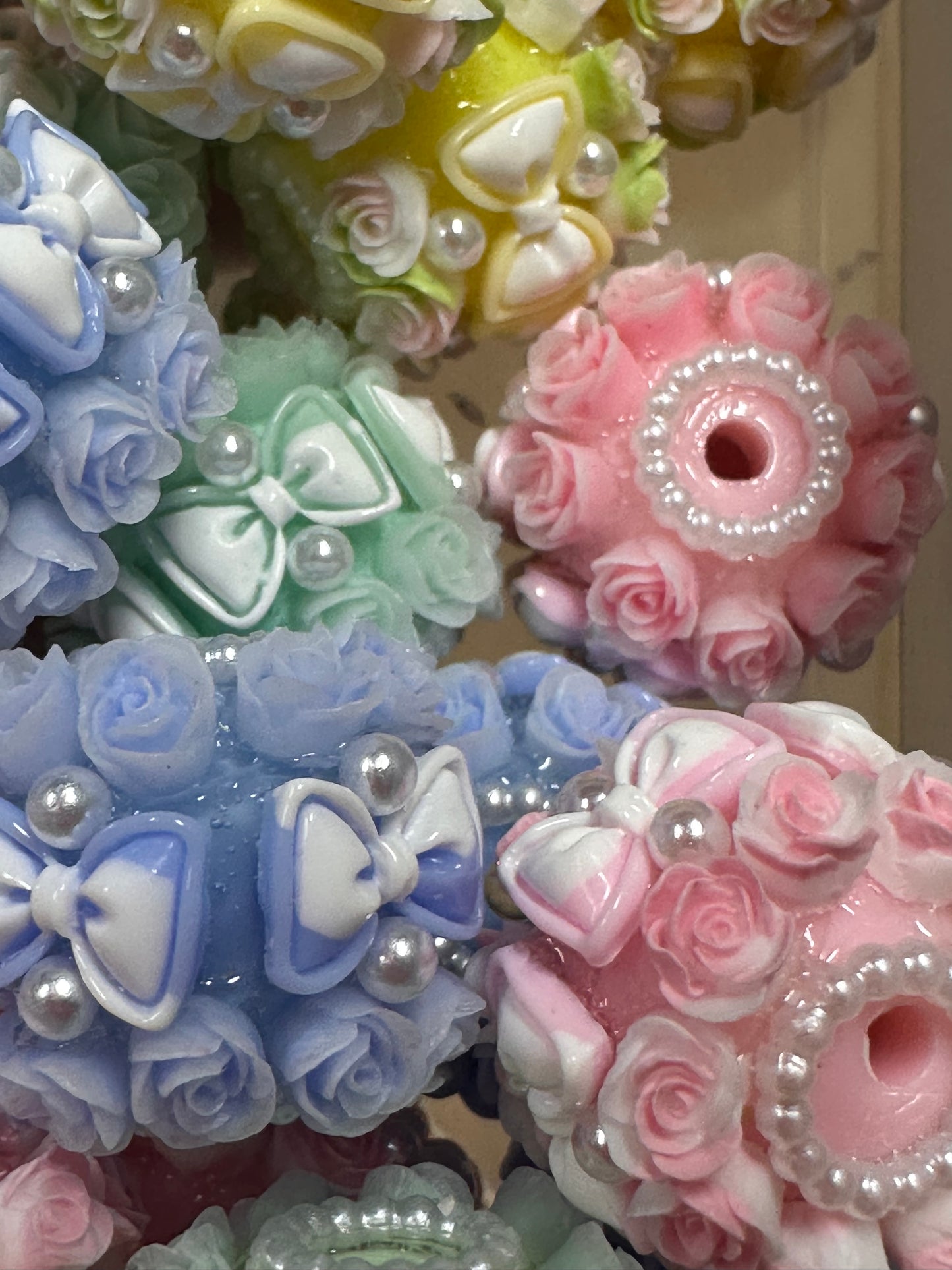 Handmade Beads – Pastel Roses and Bows with Pearls / elegant handcrafted beads/ bows and mini pearl beads/