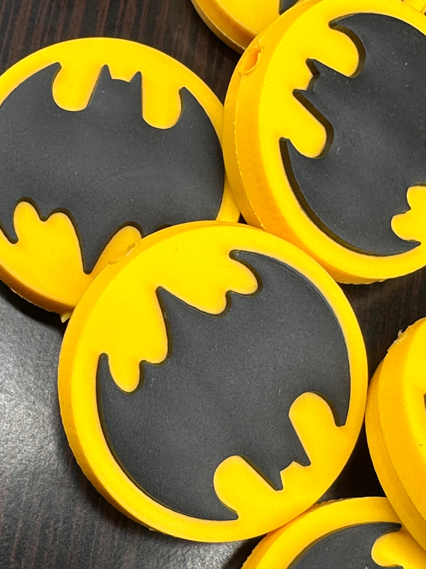 25mm Yellow and Black Silicone Bat Symbol Focal Bead – Vertical Hole, Sold Individually