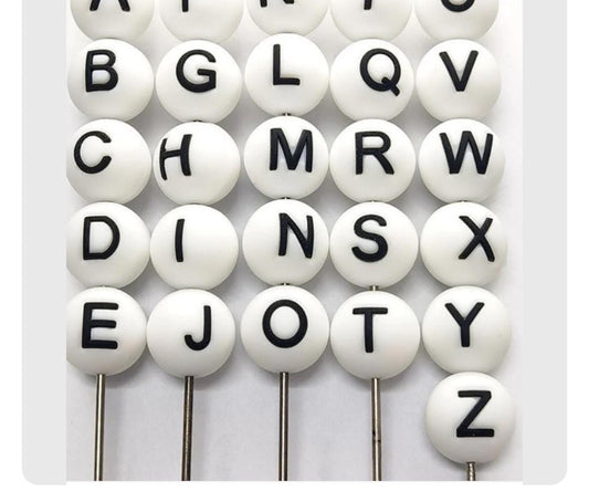 White color alphabet letter set silicone round beads/ 26 beads included/15 mm/ pen/ keychain beads/ hole top to bottom/ hard to find beads/ perfect for beadable pens and keychain DIY/