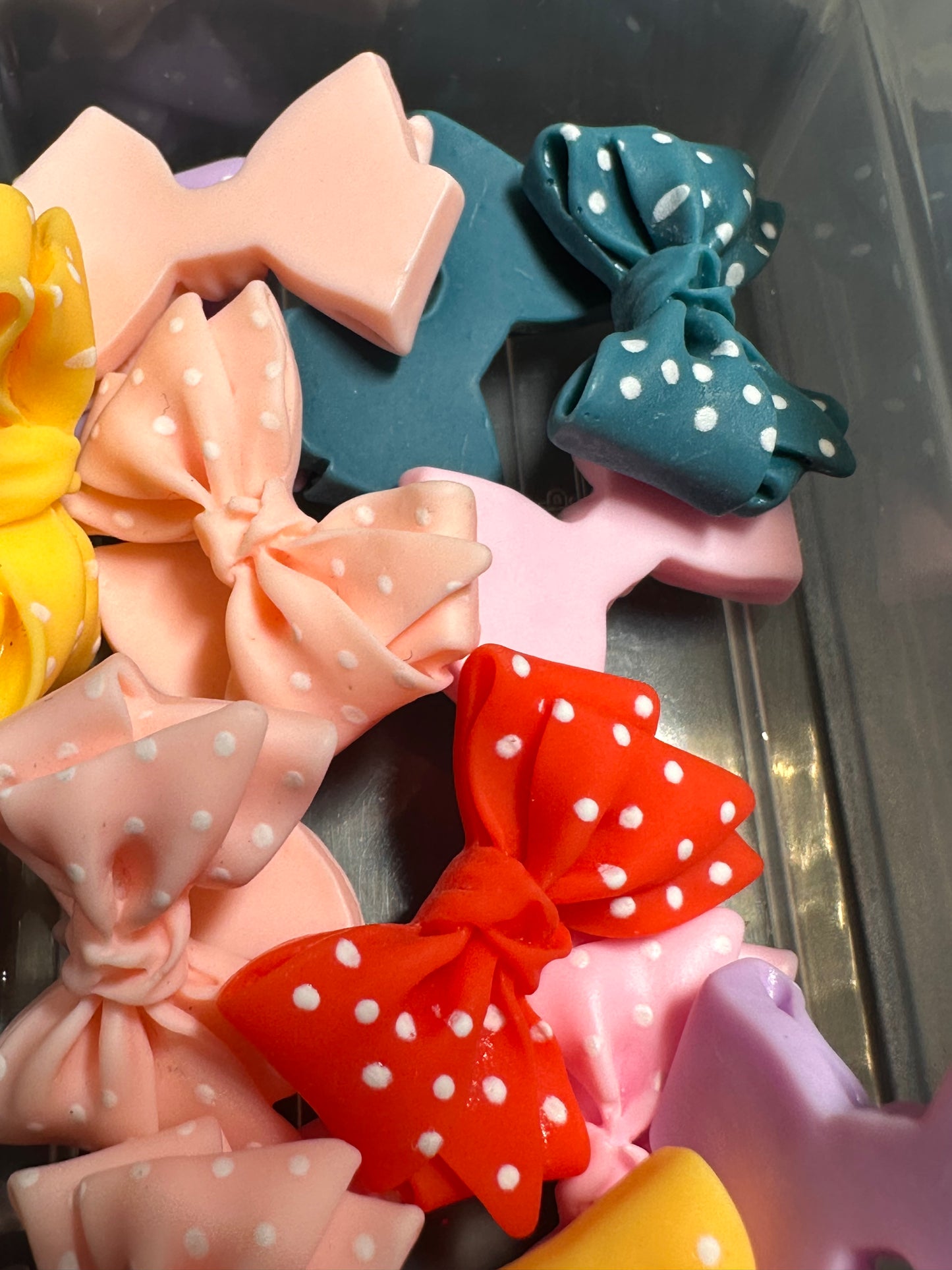 Bow acrylic flat back charms/ Three (3) charms included assorted colors/phone case charms/ DIY/polka dot bows