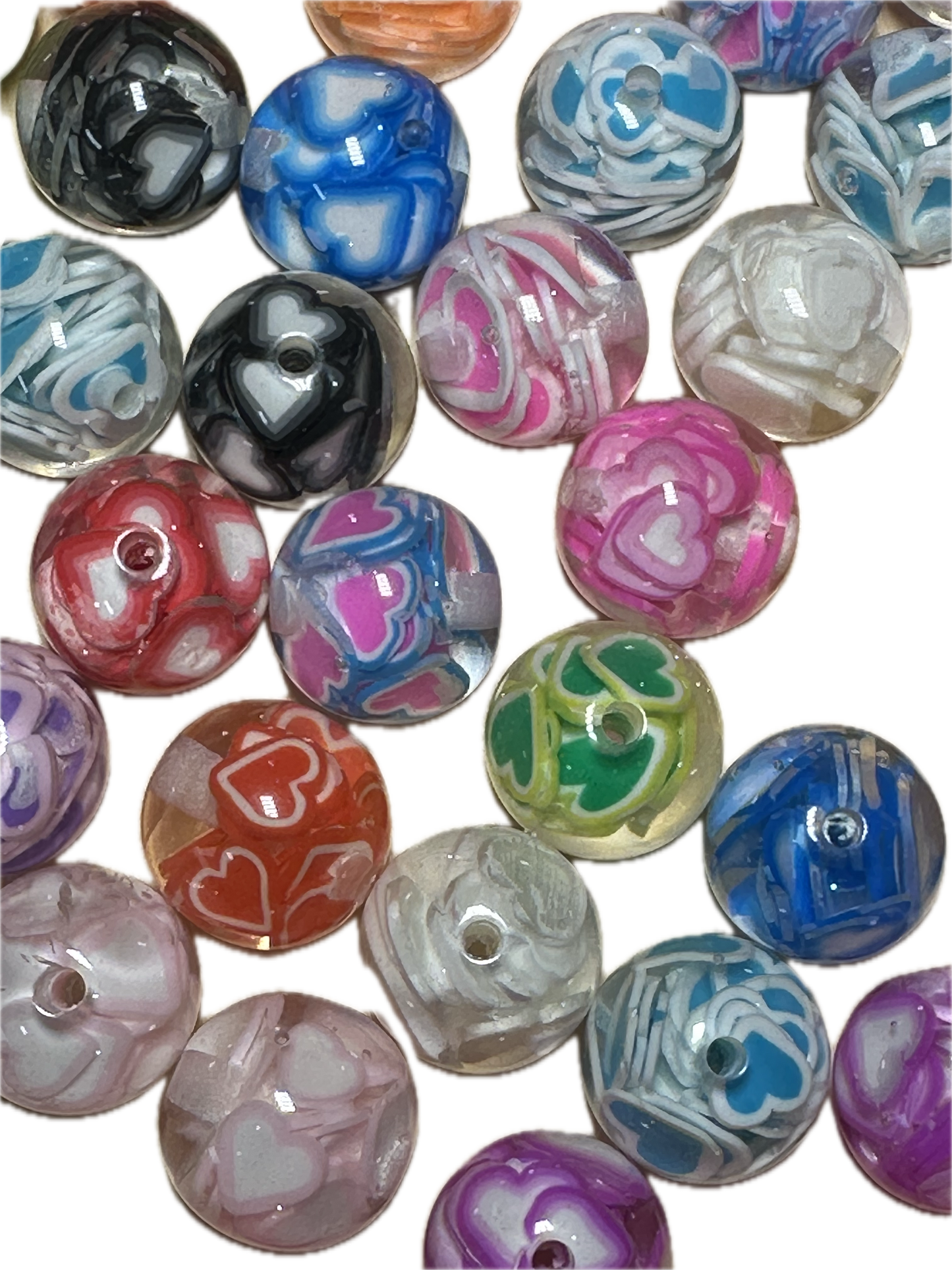 16mm resin beads with assorted color hearts inside/ set of ten (10) 16mm beads/ infused beads/ pen beading beads/ beautiful / keychain beads/ DIY