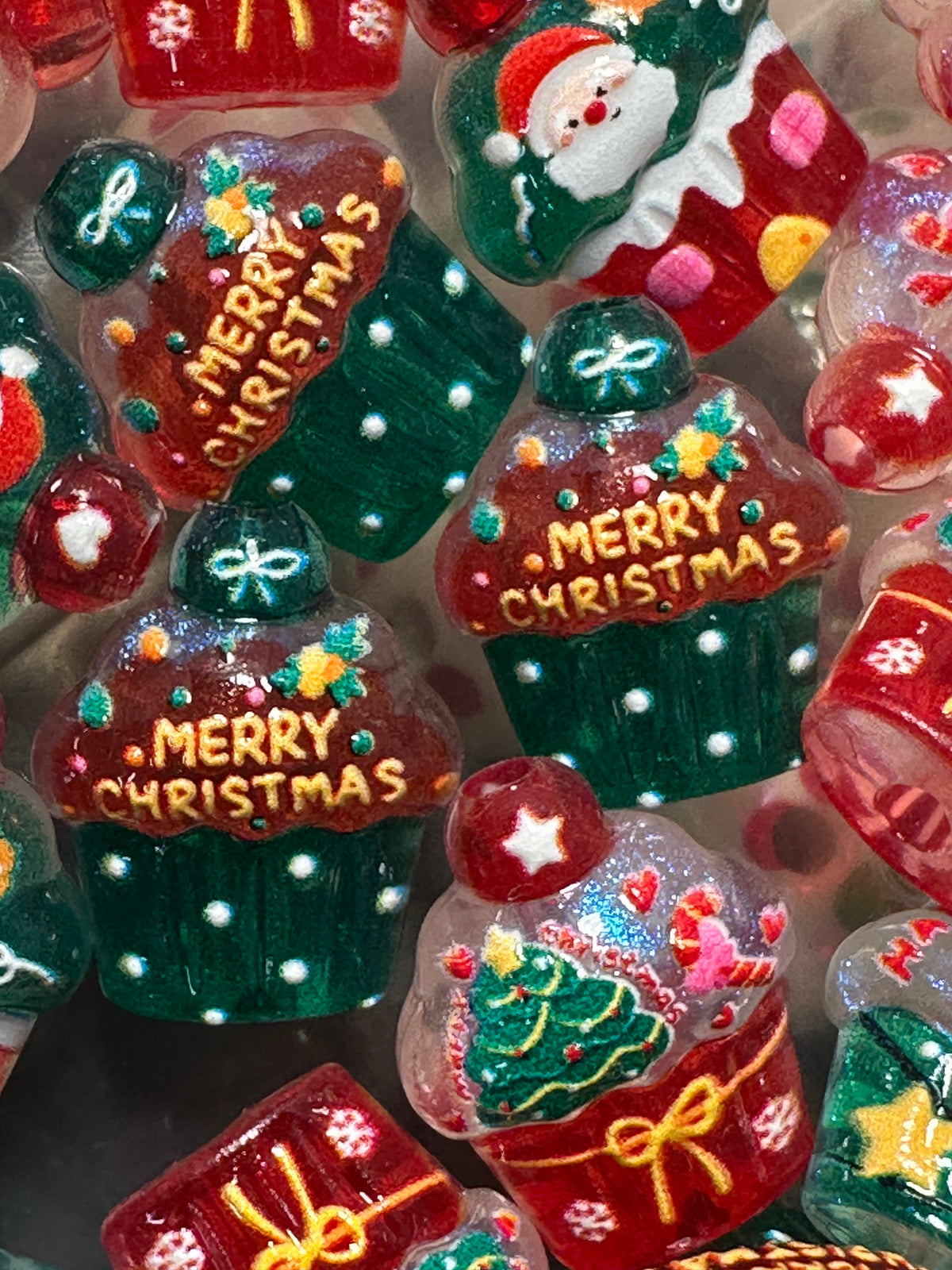 Christmas Cupcake Shaped  Acrylic Beads • 16MM Beads • Pen Beads • Beadable Pen Supplies • DIY Craft Beads • Random Mix – Set of 10