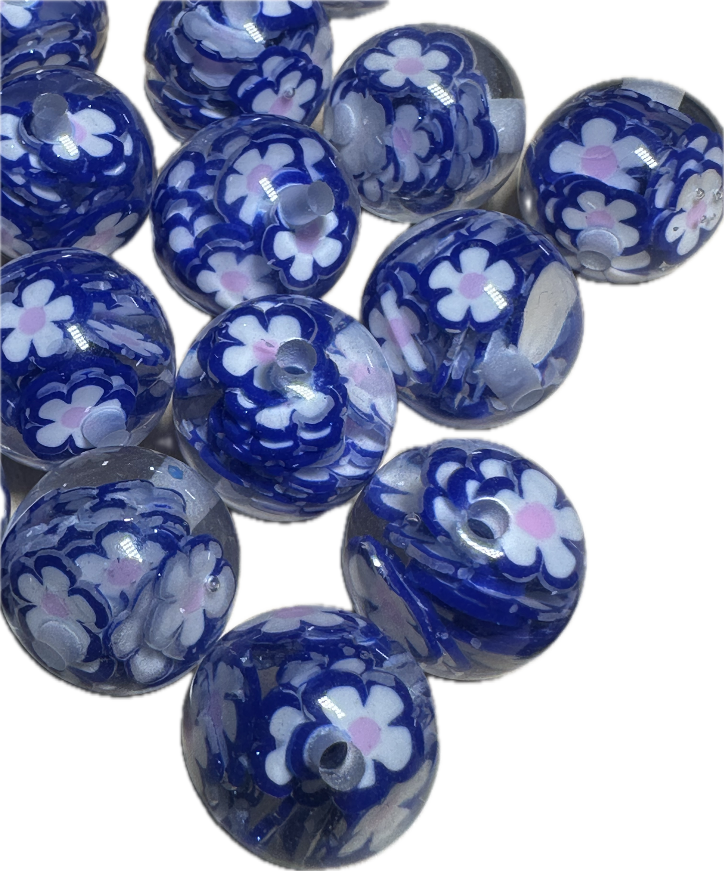 20mm resin beads with blue and white colored flowers inside/ set of five (5) 20mm beads/ infused beads/ pen beading beads/ beautiful / keychain beads/ DIY