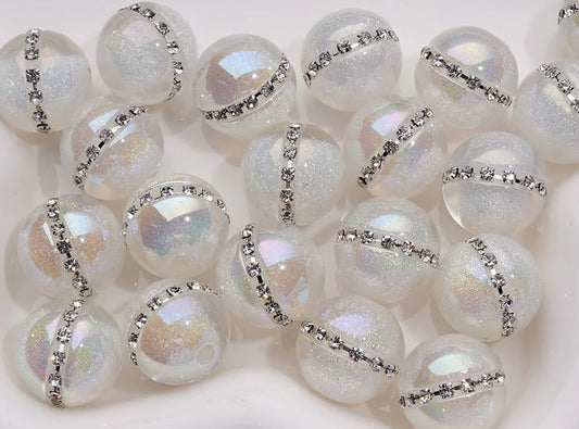Luminous white beads with iridescent glitter inside and chain around the outside/ Five (5) acrylic round shaped beads included/ jewelry Bead/ beadable pen beads/ keychain bead/ DIY/ beautiful unique 16mm beads