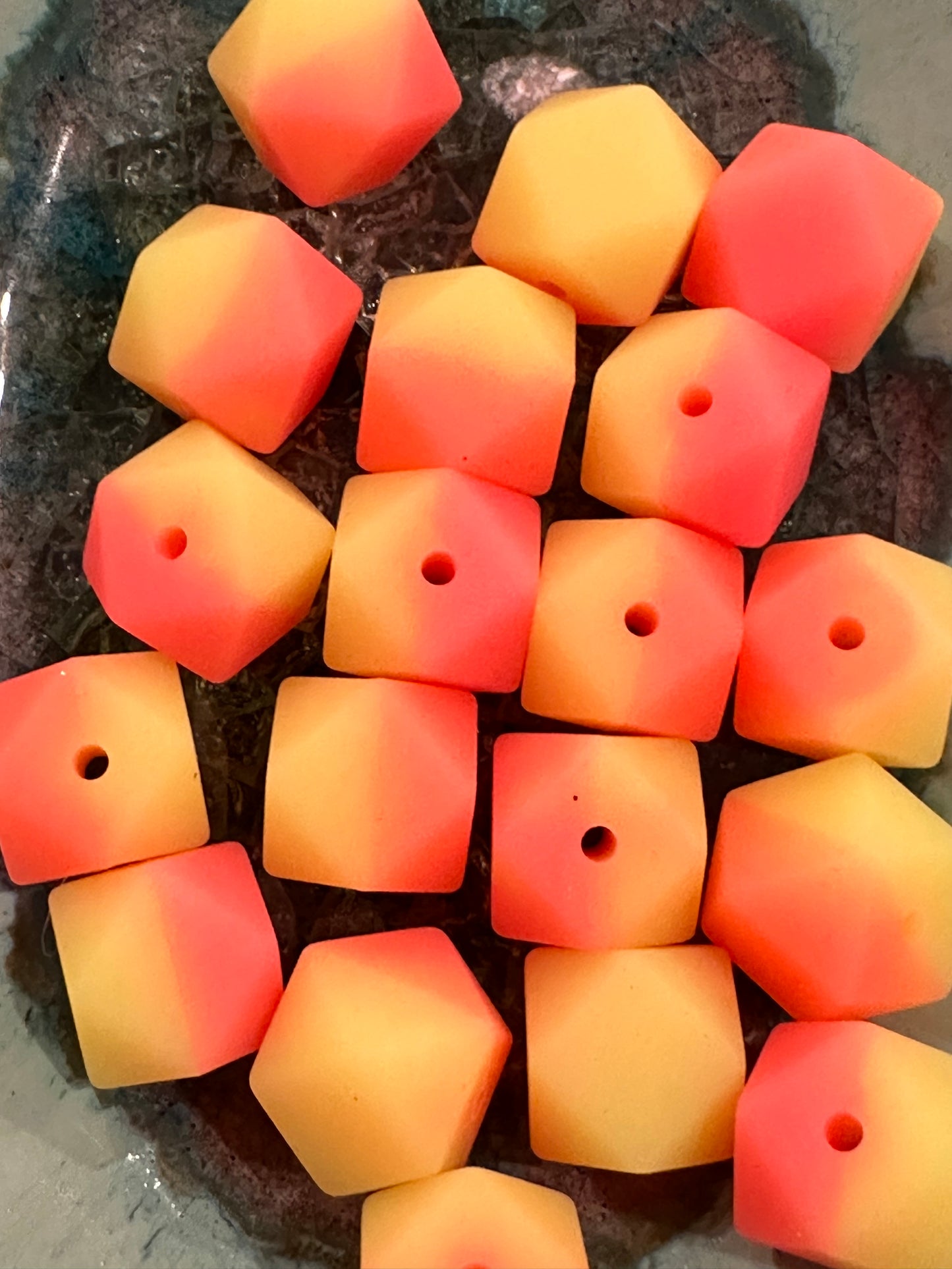 Silicon hexagon beads/ Ten (10) beads included/pen beading/ jewelry DIY/15mm/ yellow and orange ombre