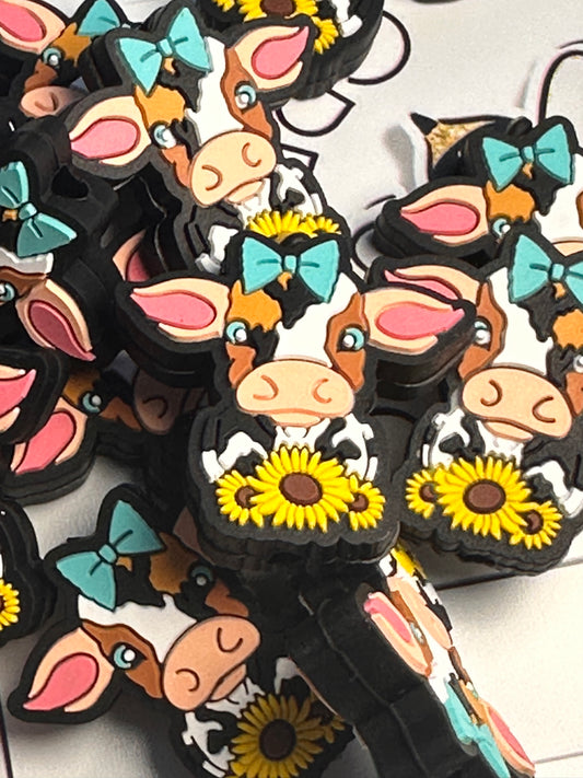 Country Cow Focal Bead/ beadable pen/ Silicone  bead/ sunflower/ keychain bead