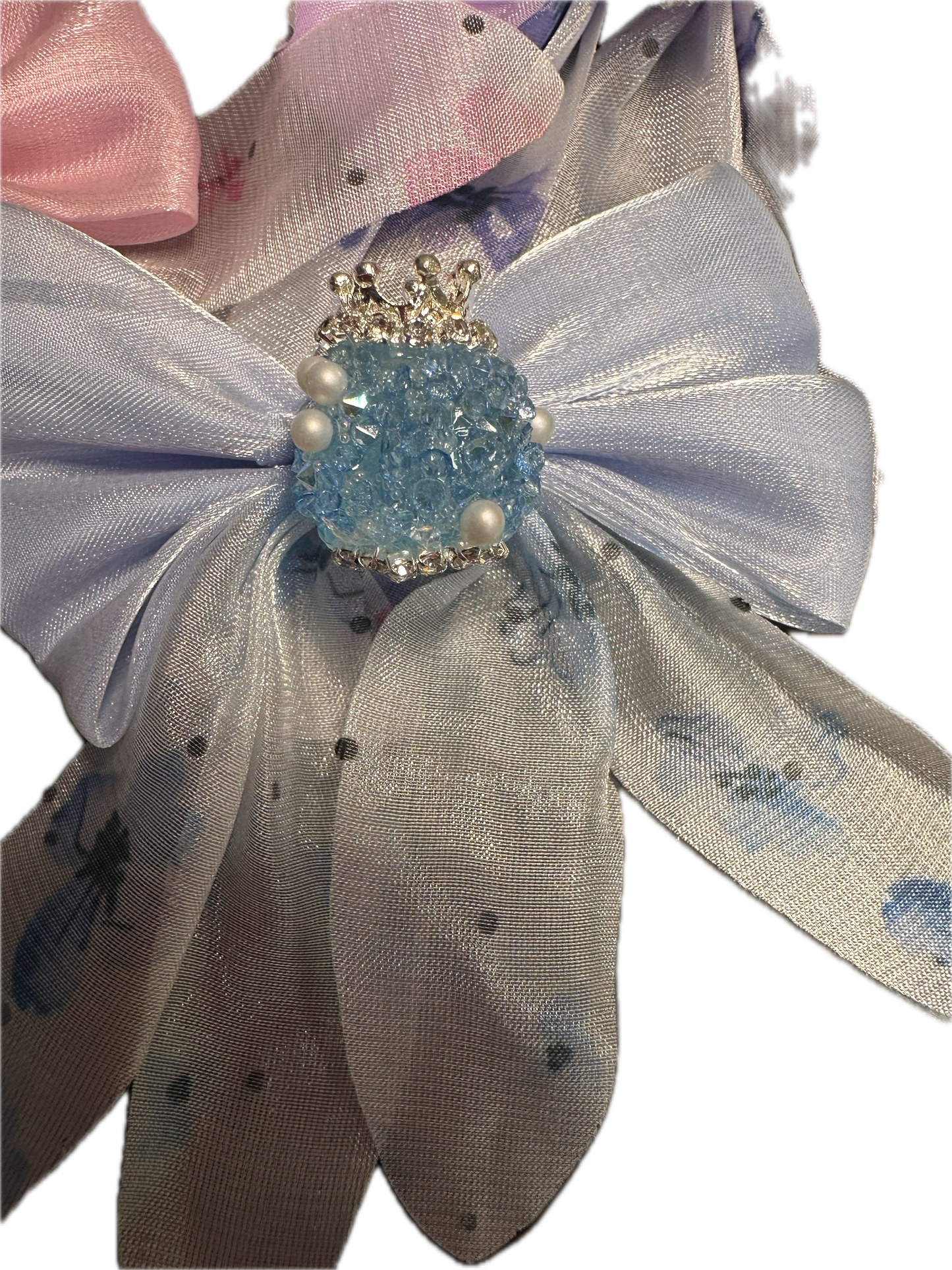 Large fancy rhinestones crown beads with floral satin bow