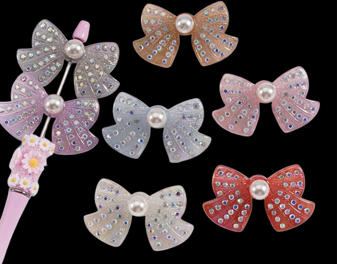 Large fancy bowknots with rhinestones and pearls- set of 3/ same on both sides/ beadable pen/ keychain bead/bow beads/UV coated/ 33mmx55mm STYLE 2