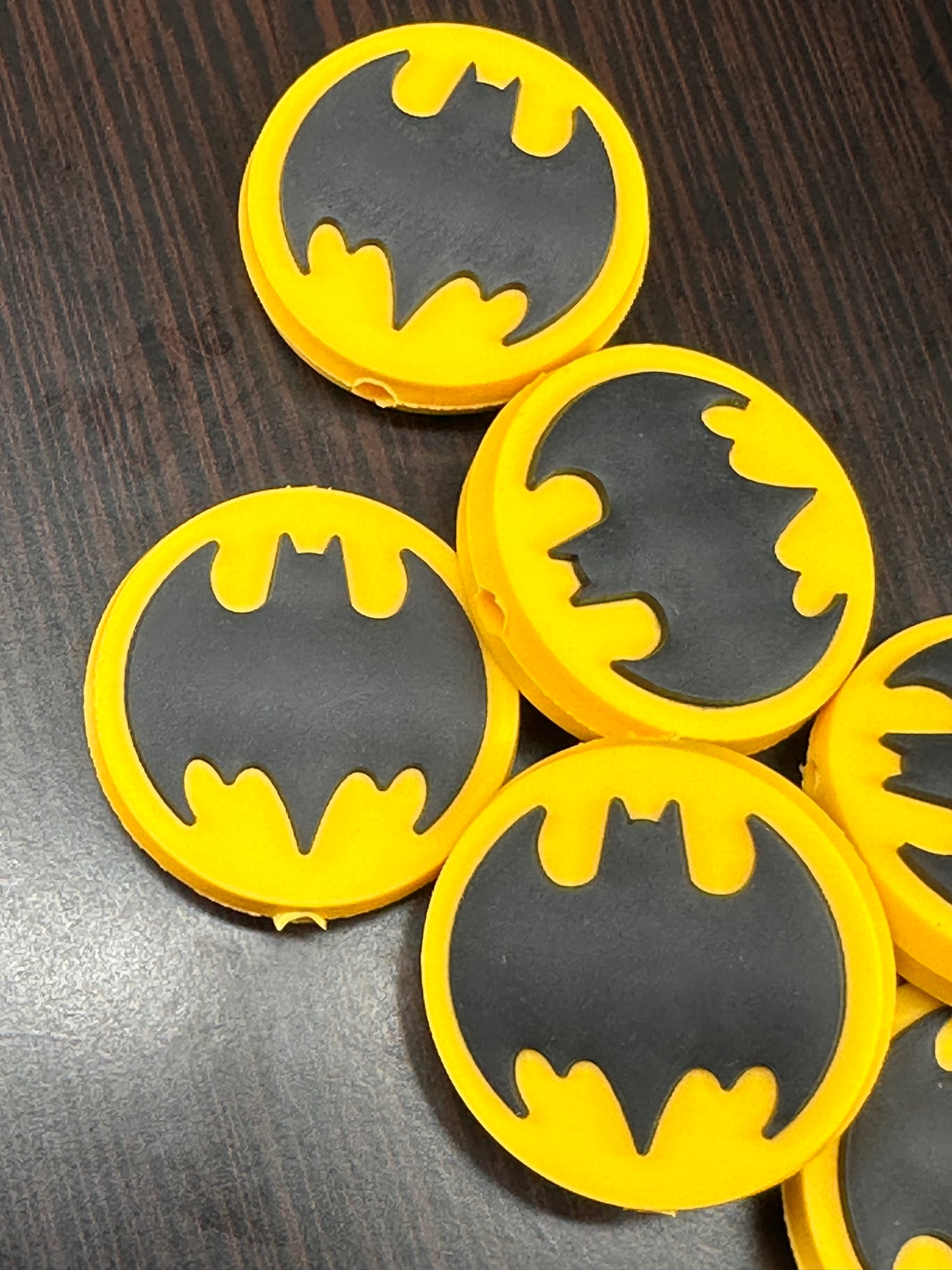 25mm Yellow and Black Silicone Bat Symbol Focal Bead – Vertical Hole, Sold Individually