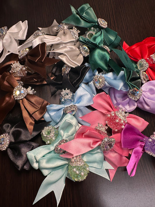 Large fancy rhinestones crown beads with satin bow