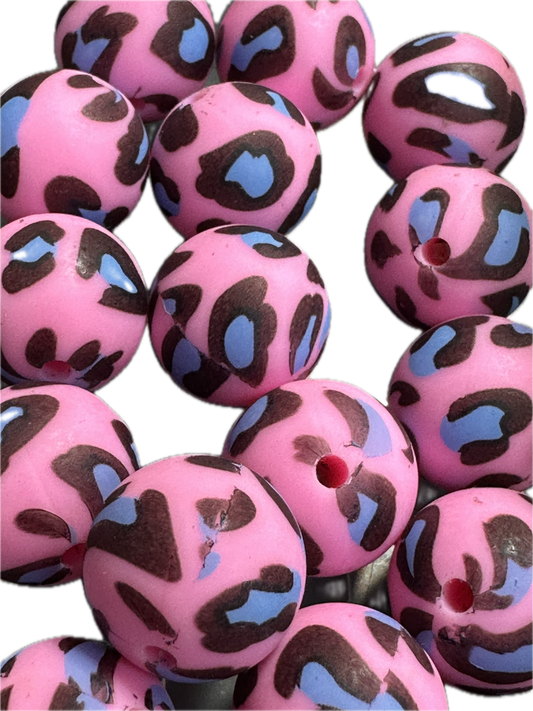 Pink leopard printed beads /15 mm round shaped/beadable pen/ keychain bead/10 beads included