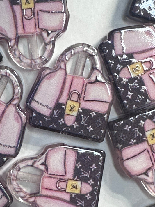 Fancy design Purse Handbag acrylic focal bead- set of 2/ focal bead/pink and brown monogram/ pen beading / keychain bead