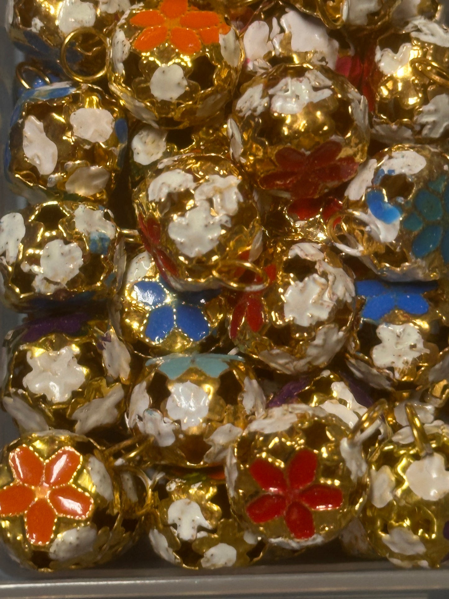 Jingle bell metal pendants/ hand painted flowers on them/ 16mm approx.