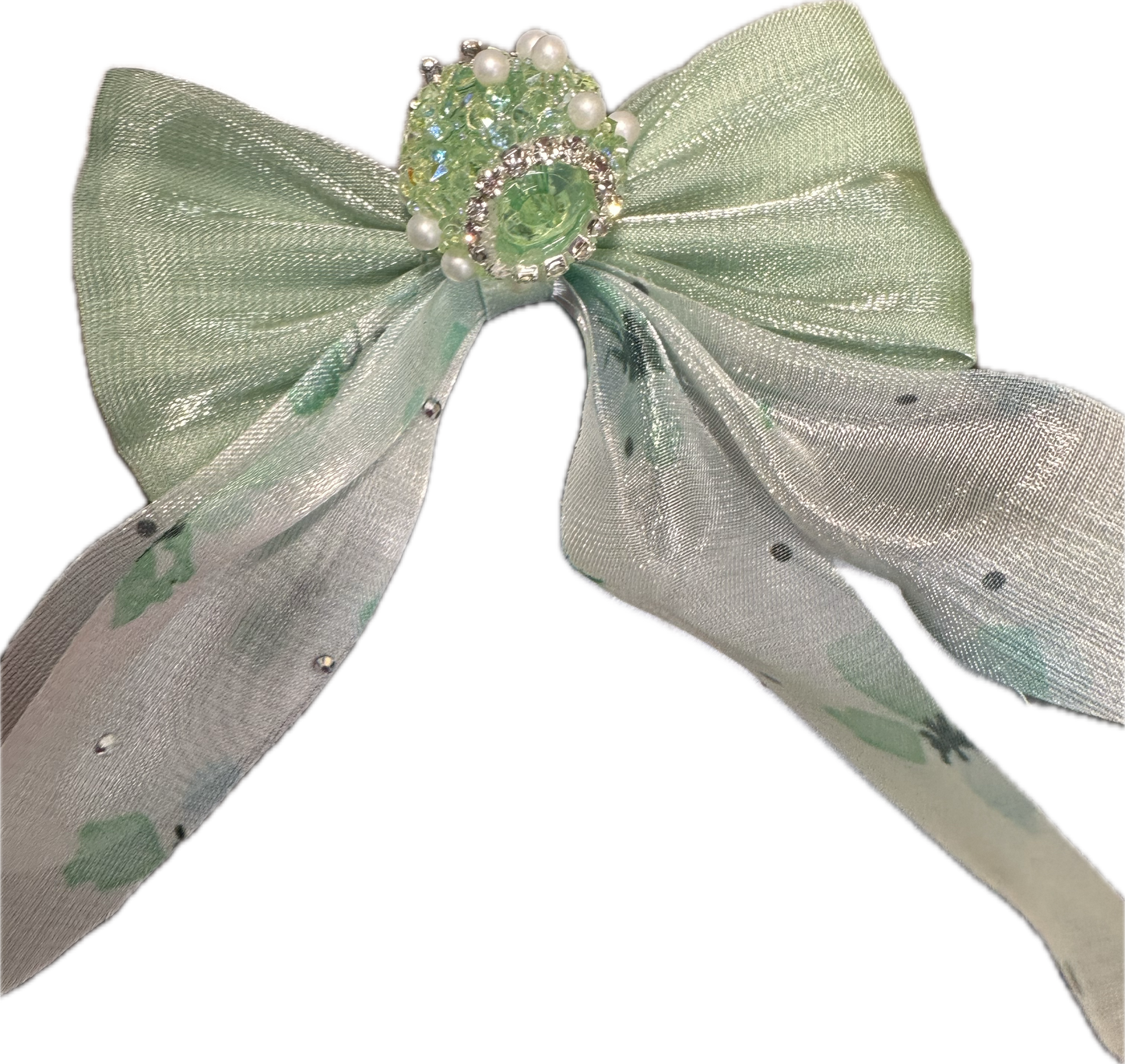 Large fancy rhinestones crown beads with floral satin bow