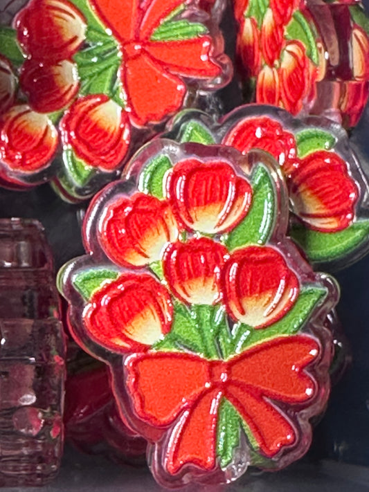 Red Tulips acrylic focal bead- set of 2/ focal bead/ pen beading / keychain bead/ Red Tulips Flowers bead