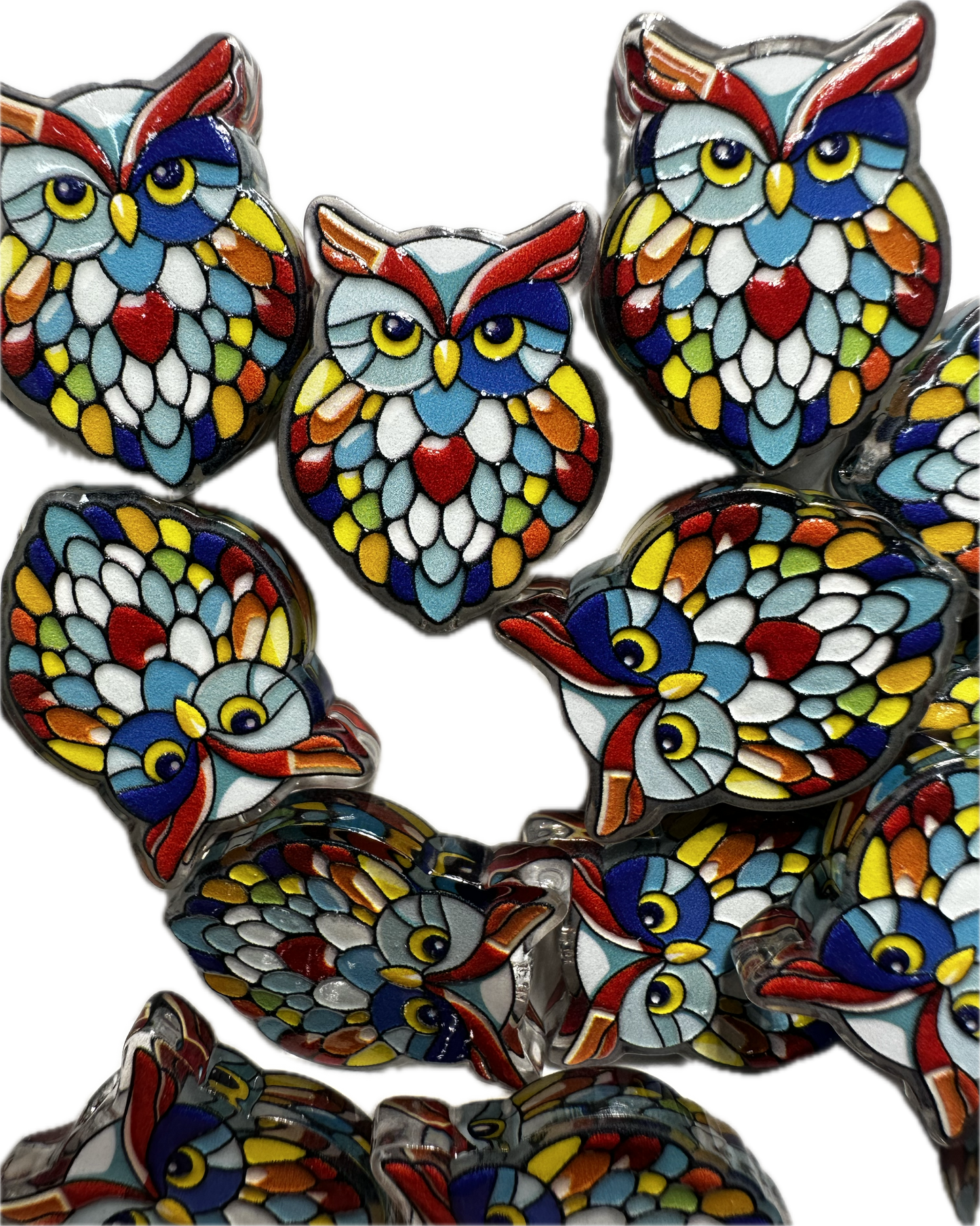 Colorful mosaic owl acrylic focal bead- set of 2/ focal bead/ pen beading / keychain bead / bird/ fairytale