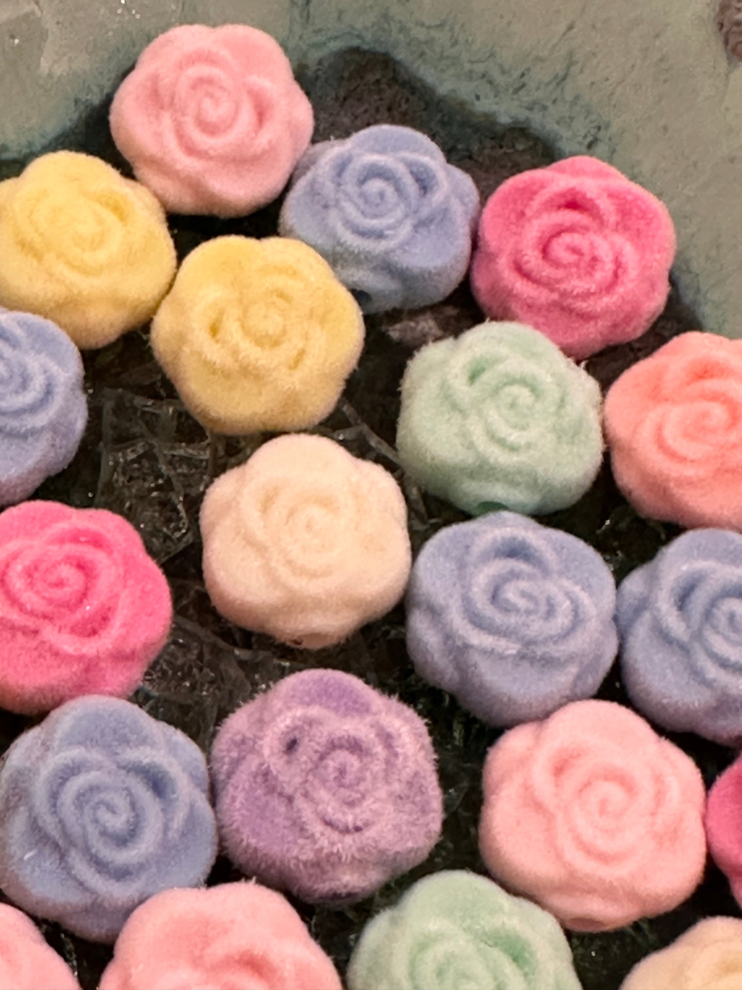 Flocked rose flower beads/ Ten (10) beads included/pen beading/ jewelry DIY/15mm/ assortment of colors