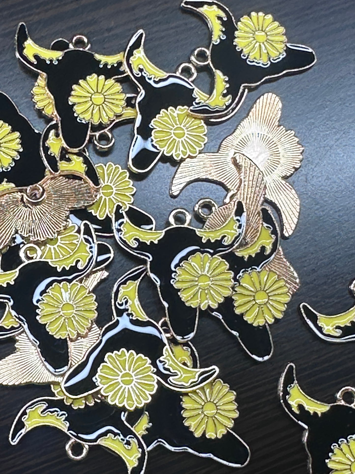 Steer head enamel metal charms/Black cow head with horns and yellow flower/ DIY charm bracelet/ DIY necklace