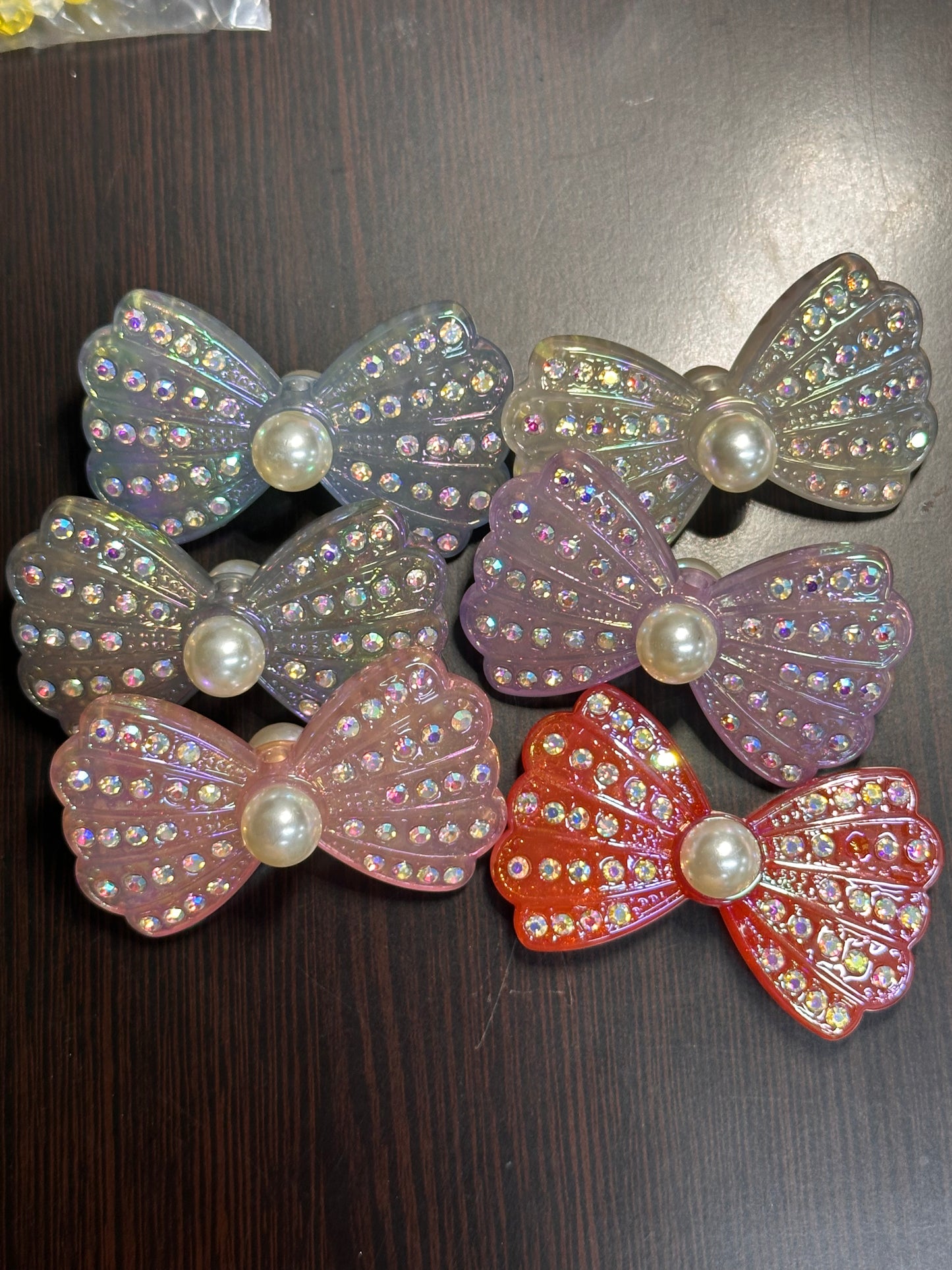 Large fancy bowties with rhinestones and pearls- set of 3/ same on both sides/ beadable pen/ keychain bead/bow beads/UV coated/ 33mmx55mm