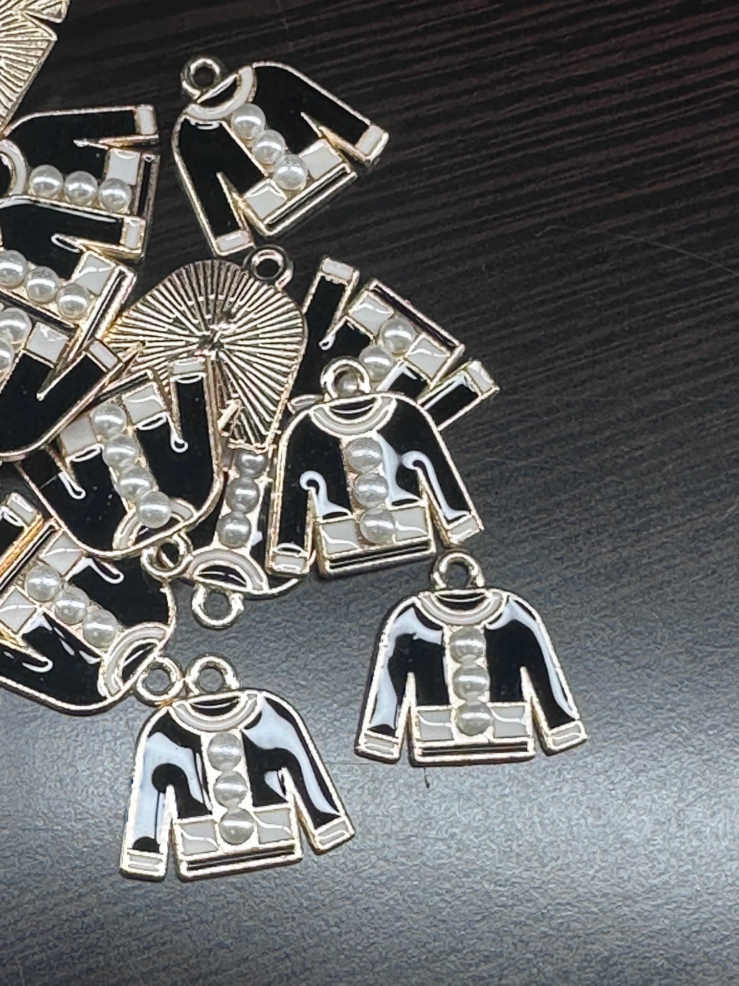 Black Sweater with Pearl accents enamel metal charms// DIY charm bracelet/ DIY necklace