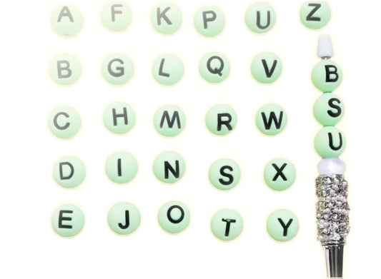 Light Green color alphabet letter set silicone round beads/ 26 beads included/15 mm/ pen/ keychain beads/ hole top to bottom/ hard to find beads/ perfect for beadable pens and keychain DIY/