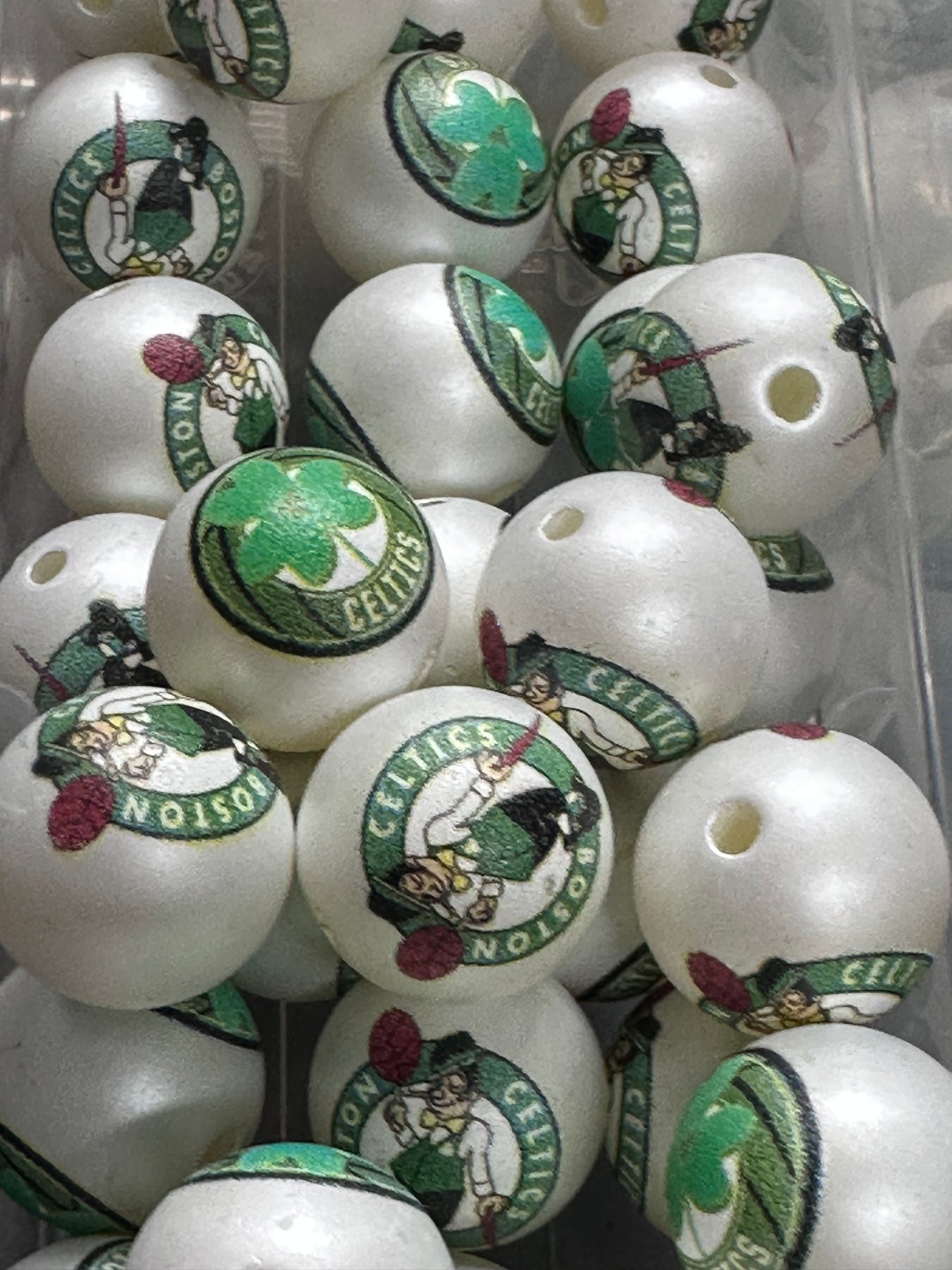 16mm Sports Print Beads • Set of 10 • Great for Pens, Keychains & Crafts- Boston Celtics