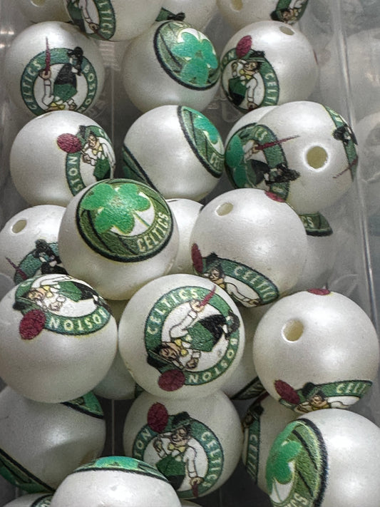 16mm Sports Print Beads • Set of 10 • Great for Pens, Keychains & Crafts- Boston Celtics