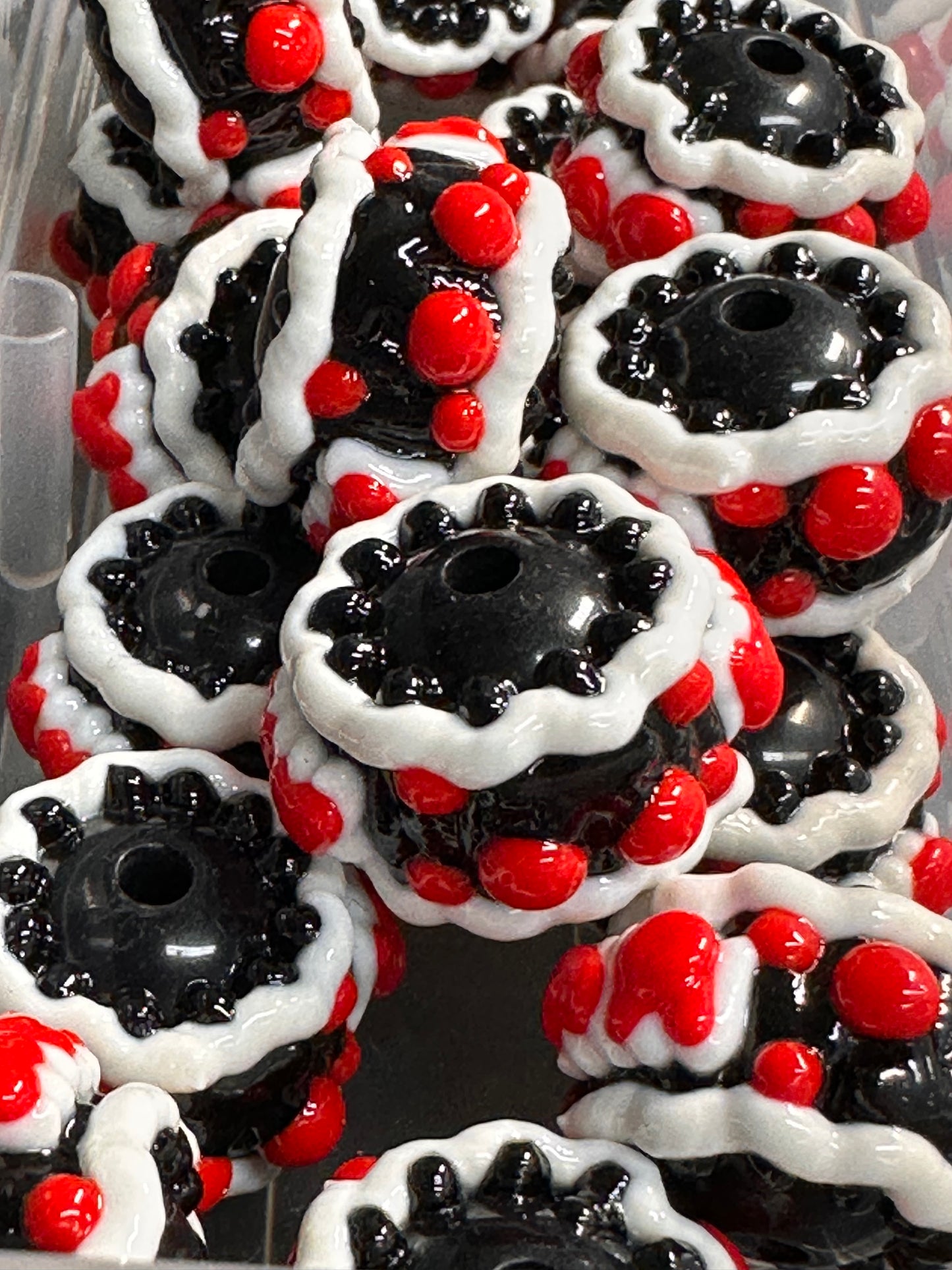 Hand painted handmade Beads – elegant handcrafted beads/hearts and bows beads/ fancy beads/ red white and black/ set of 5