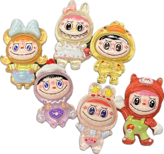 Glue On Labubu Charms – Flat Back Embellishments for DIY Crafts- Set of 6 different designs