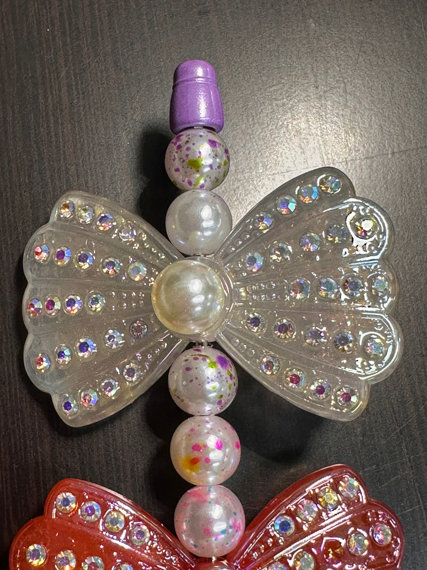 Large fancy bowties with rhinestones and pearls- set of 3/ same on both sides/ beadable pen/ keychain bead/bow beads/UV coated/ 33mmx55mm