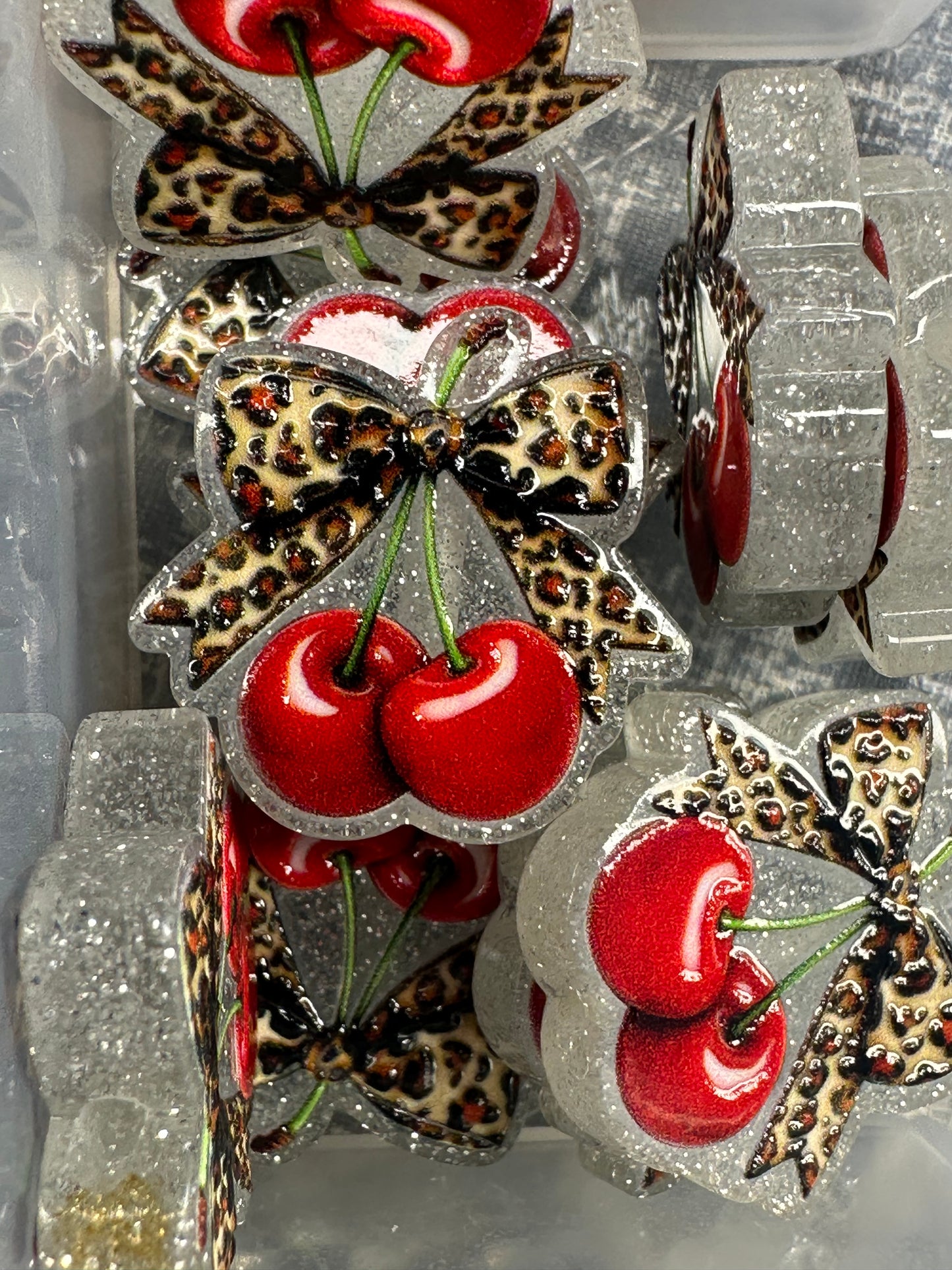 Cherries and leopard bow acrylic focal bead- set of 2/ focal bead/ pen beading / keychain bead/