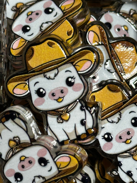 Cute cow with farmers hat acrylic focal bead- set of 2/ focal bead/ pen beading / keychain bead/
