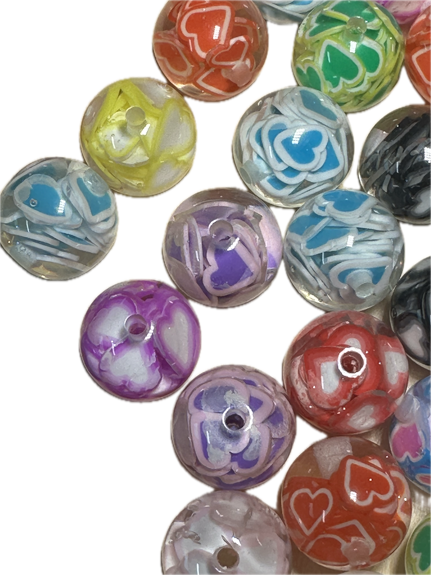 16mm resin beads with assorted color hearts inside/ set of ten (10) 16mm beads/ infused beads/ pen beading beads/ beautiful / keychain beads/ DIY