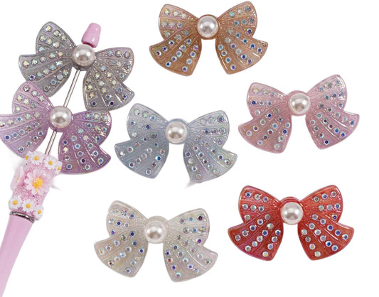 Large fancy bowknots with rhinestones and pearls- set of 3/ same on both sides/ beadable pen/ keychain bead/bow beads/UV coated/ 33mmx55mm STYLE 2