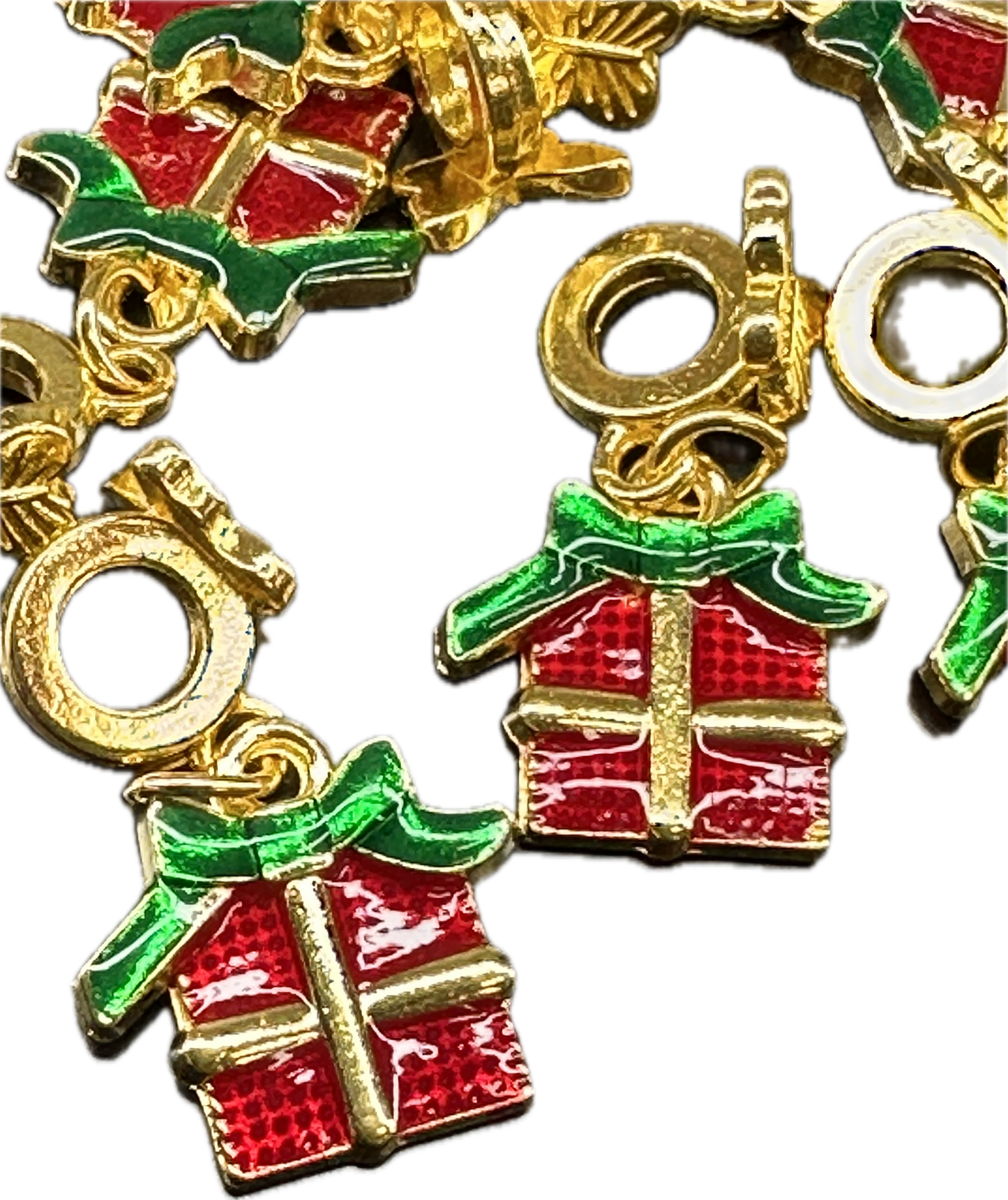 Red Christmas Gift Box Charms on Gold Bail Beads – Holiday Present Pendant for Beadable Pens, Bracelets & Keychains (Sold in 1 or Set of 5)