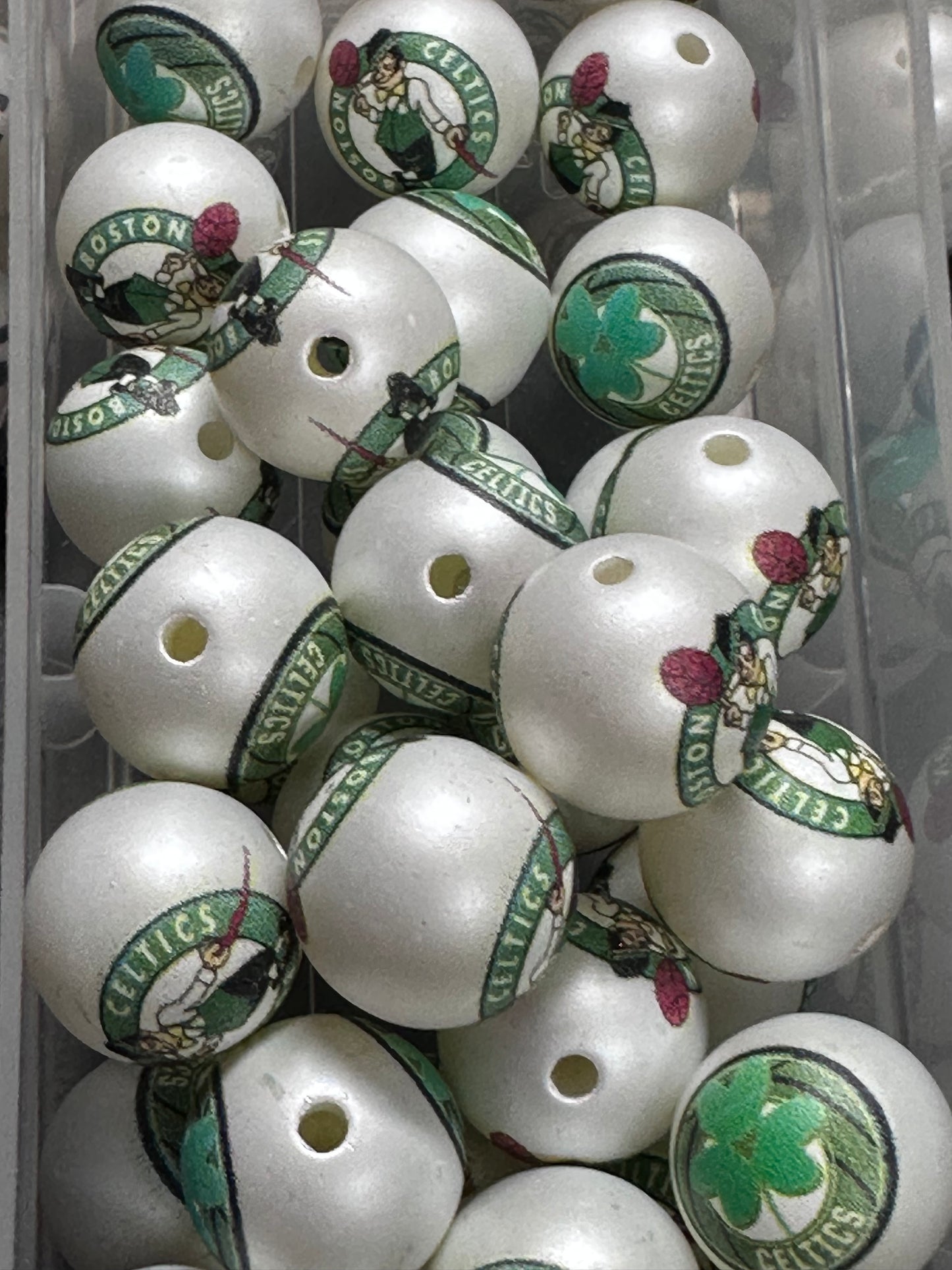 16mm Sports Print Beads • Set of 10 • Great for Pens, Keychains & Crafts- Boston Celtics
