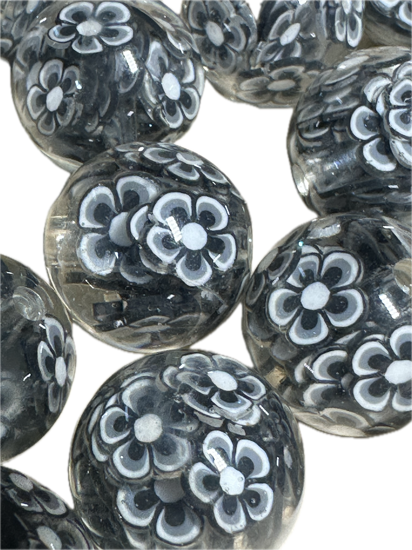 20mm resin beads with black and white flowers inside/ set of five (5) 20mm beads/ infused beads/ pen beading beads/ beautiful / keychain beads/ DIY