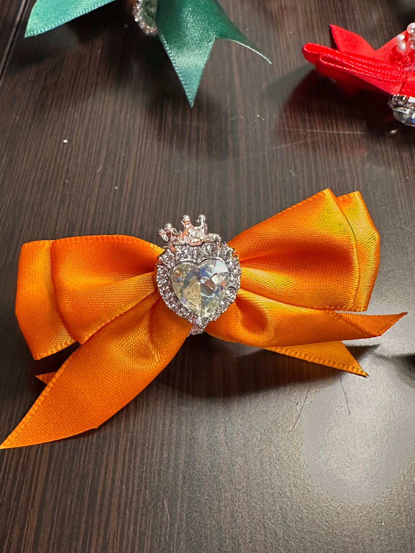 Large fancy rhinestones crown beads with satin bow