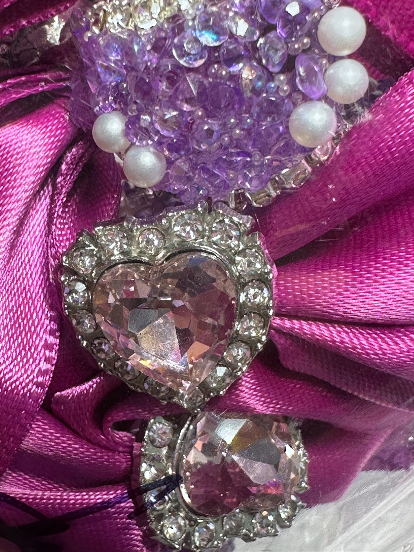 Large fancy rhinestones crown beads with satin bow