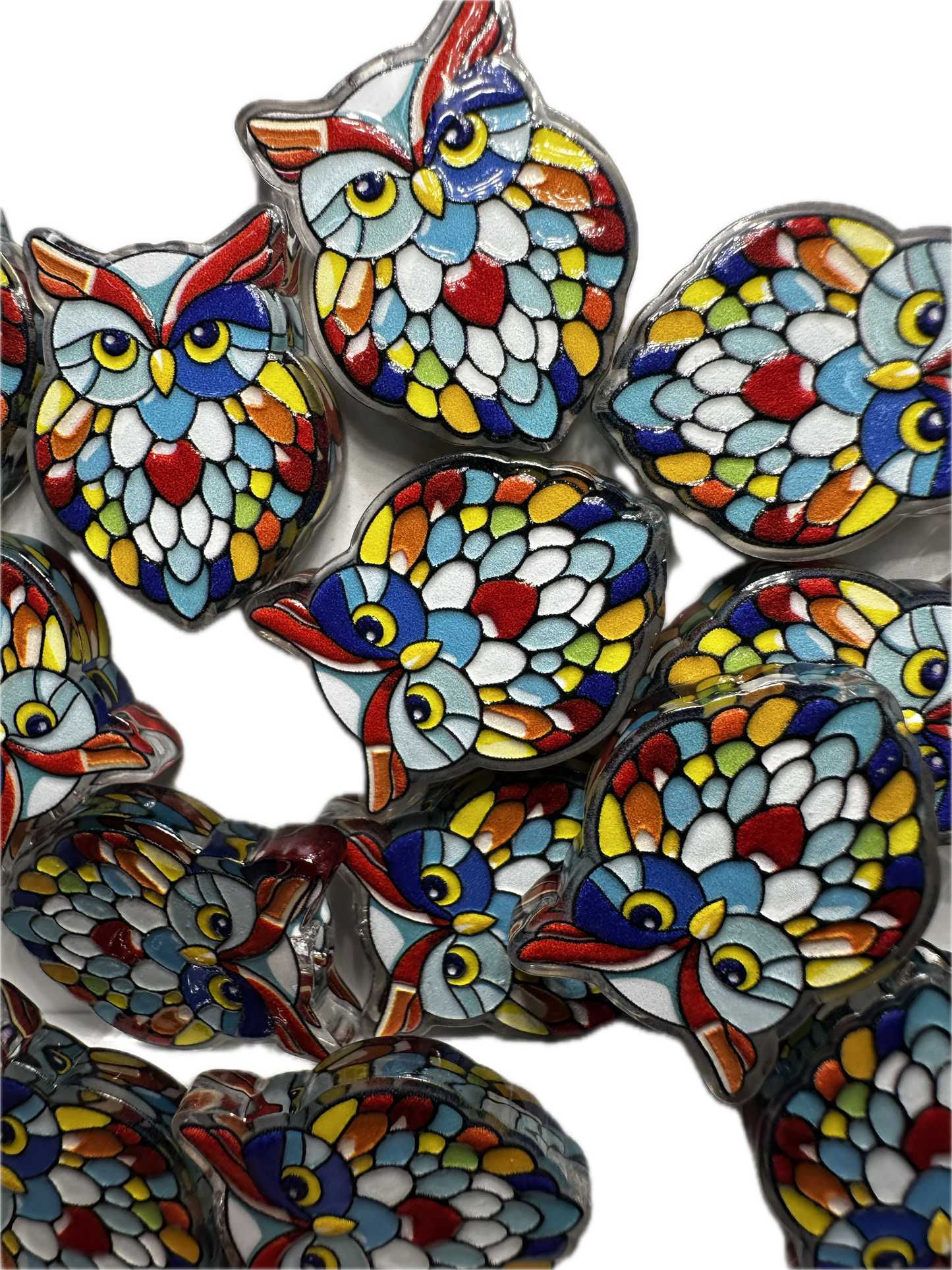 Colorful mosaic owl acrylic focal bead- set of 2/ focal bead/ pen beading / keychain bead / bird/ fairytale