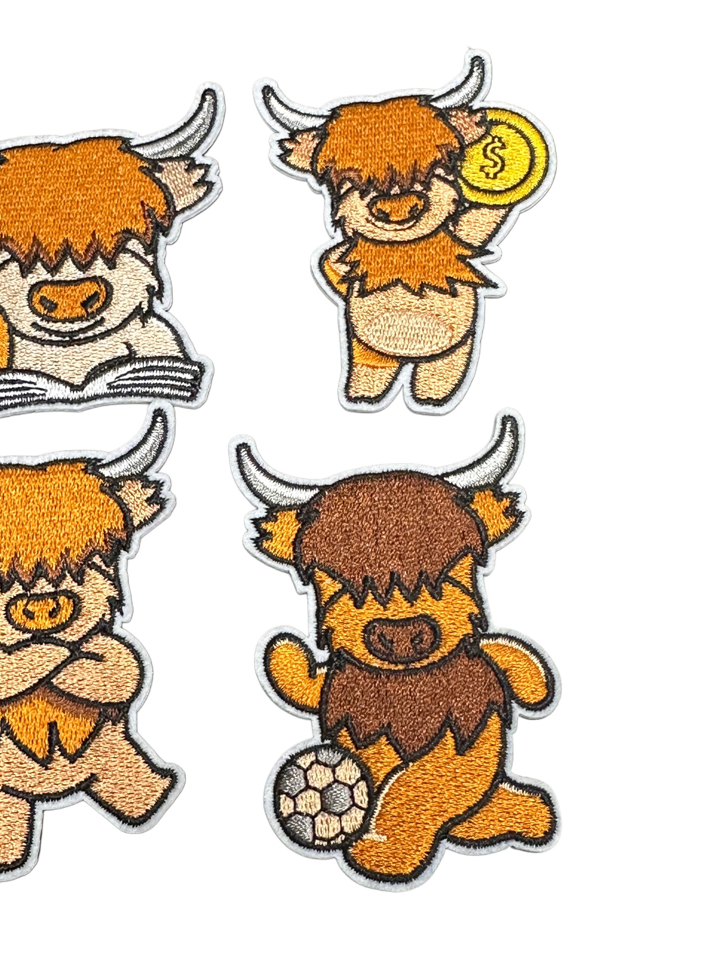 BROWN COW SET/IRON ON PATCH/SIZE SMALL APPROXIMATELY 2.5 x 3.5/ QUALITY MATERIAL/FABRIC PATCHES/ SET OF EIGHT (8) HIGHLAND COWS