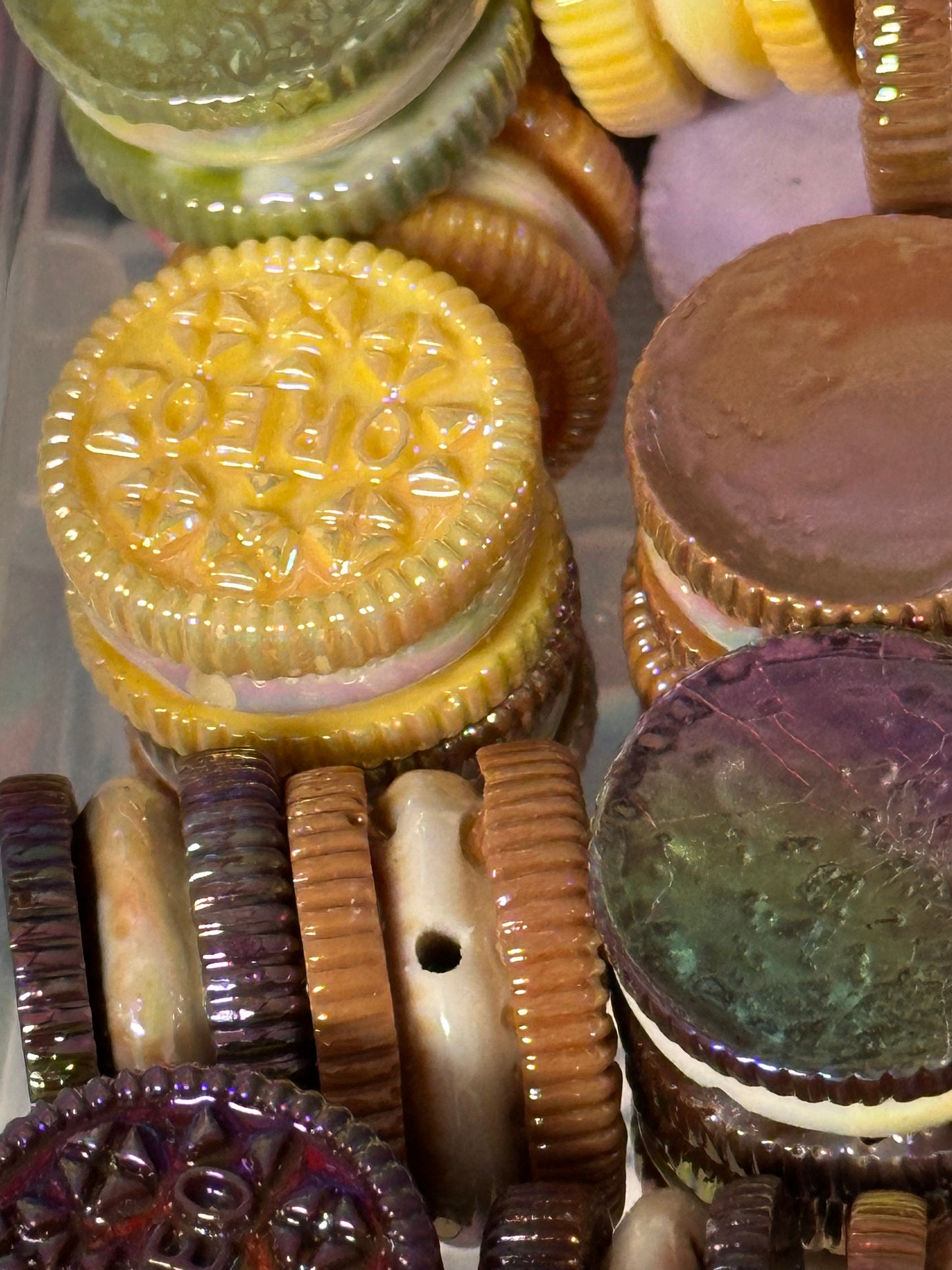 Five (5) unique pastel cookie beads included/ random choice of colors/ snack shaped acrylic/ Perfect for pen beading/ jewelry making/